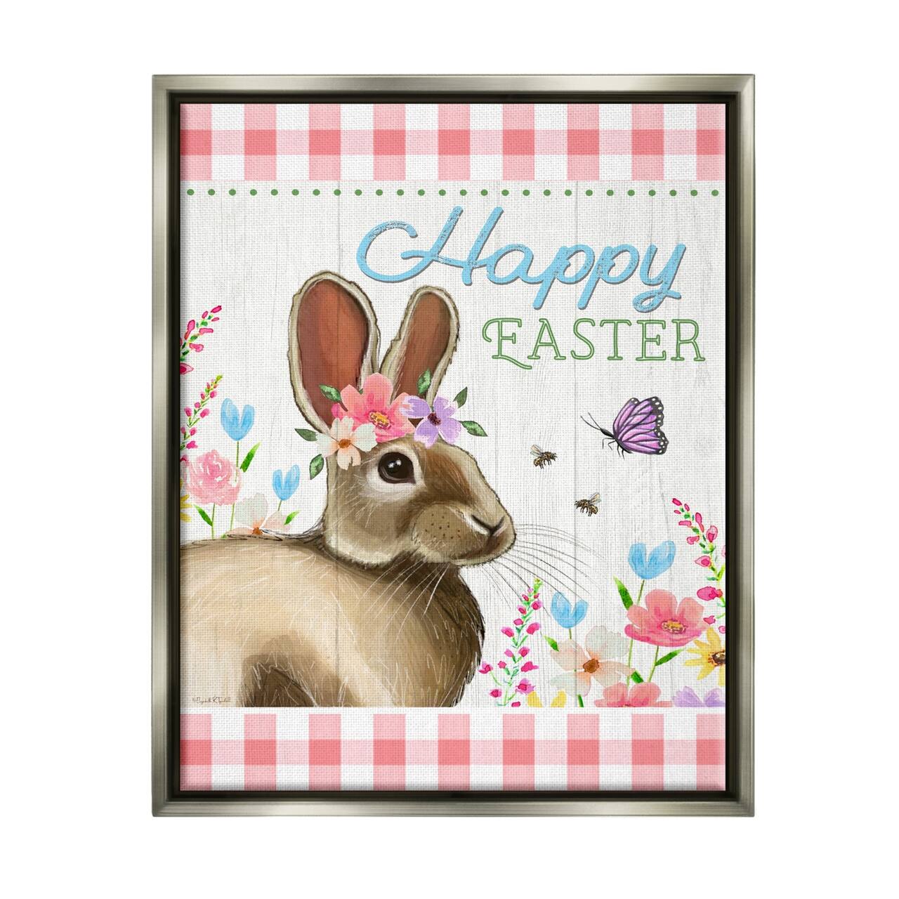 Stupell Industries Happy Easter Floral Gingham Rabbit Floater Framed Art